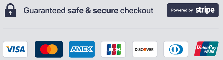 Stripe secure payment banner showing the debit and credit cards accepted for online payments on Stripe. Guarantees safe and secure checkout on our website.