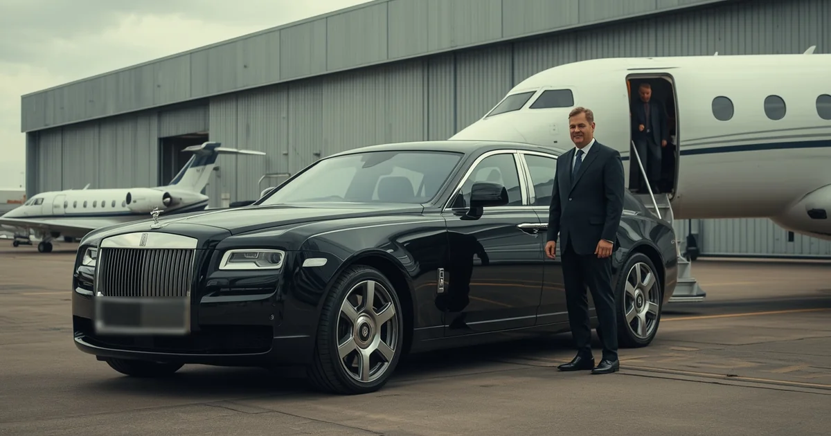 Professional Chauffeurz chauffeur meeting executive descending private jet at London Biggin Hill Airport for bespoke Biggin Hill airport transfer with luxury Rolls-Royce Phantom and Signature Aviation FBO in background