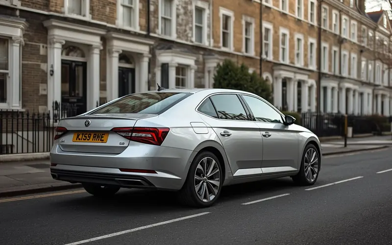 Budget class chauffeur — Skoda Superb London Silver Skoda Superb saloon parked on London Georgian street — Chauffeurz budget class chauffeur car for airport transfers