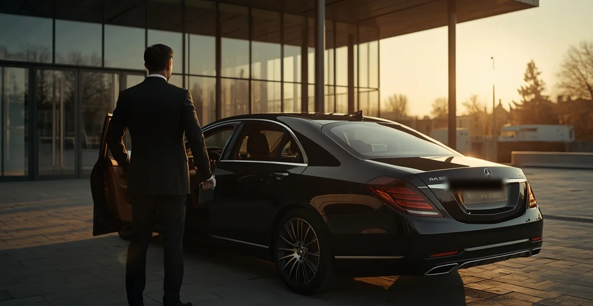 Business chauffeur London holding door open at Mercedes S-Class outside conference venue morning pickup