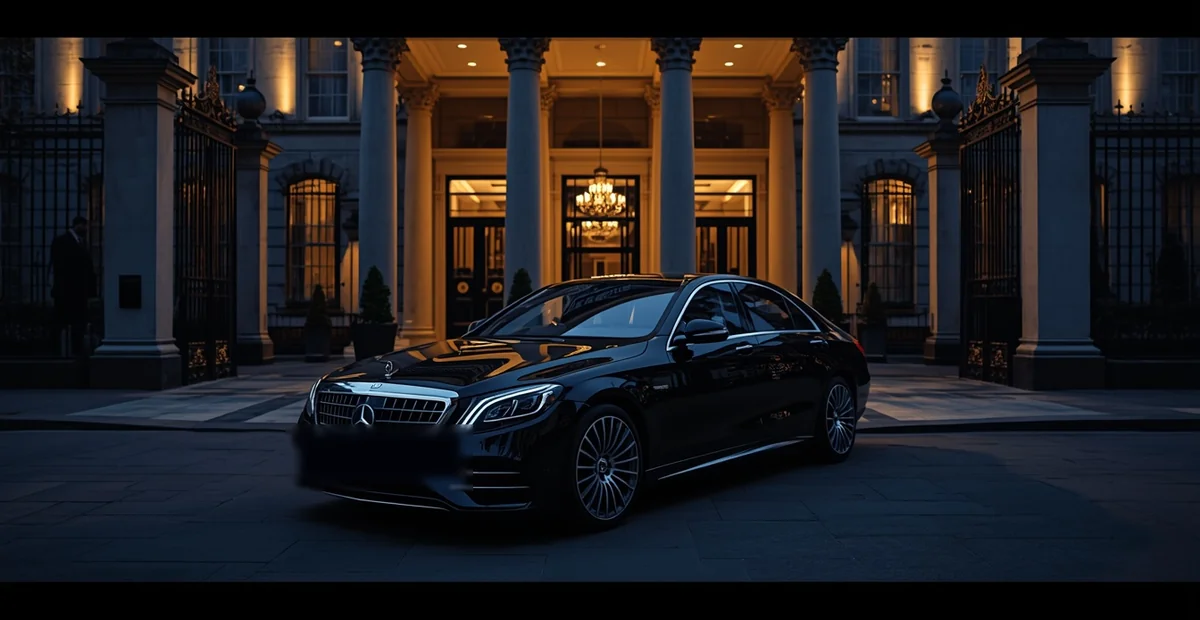 Business chauffeur London Mercedes S-Class parked at luxury 5-star hotel forecourt at blue hour