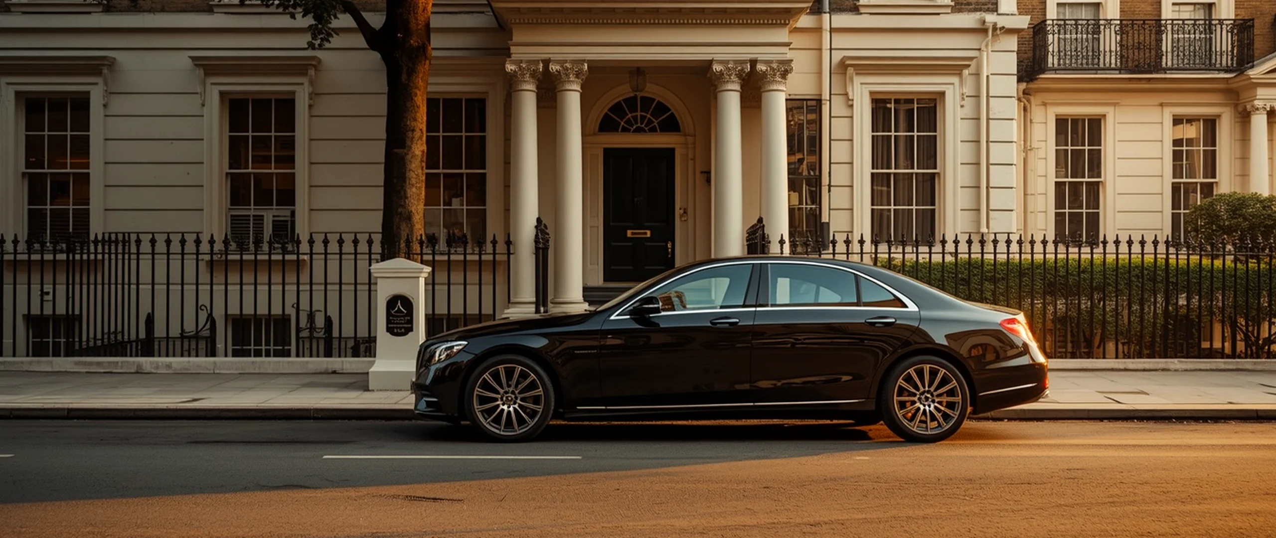 Chauffeurz Mercedes-Benz S-Class private driver waiting outside a Kensington townhouse hotel in London at golden hour