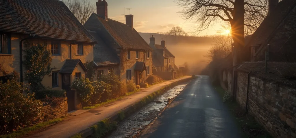 Sunrise over Bibury Cotswolds honey-stone cottages — Chauffeurz flagship Best of England private day tour from London