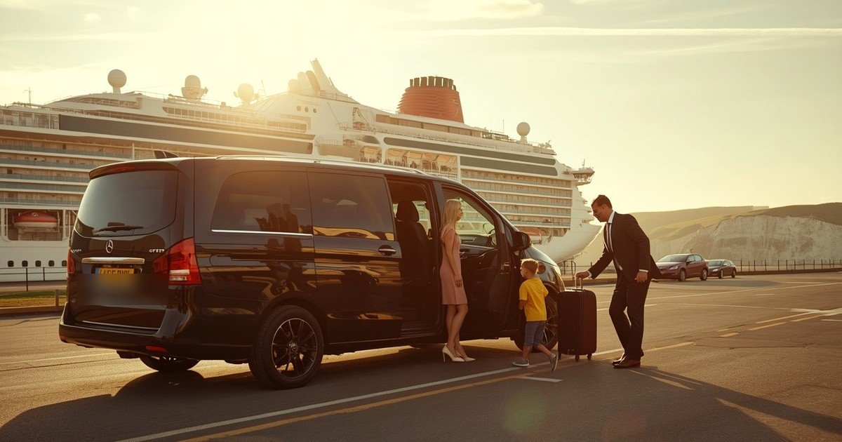 Professional Chauffeurz chauffeur beside luxury black Mercedes at Dover Cruise Port terminal with cruise ship docked under iconic White Cliffs of Dover, premium door-to-door London to Dover cruise transfer service