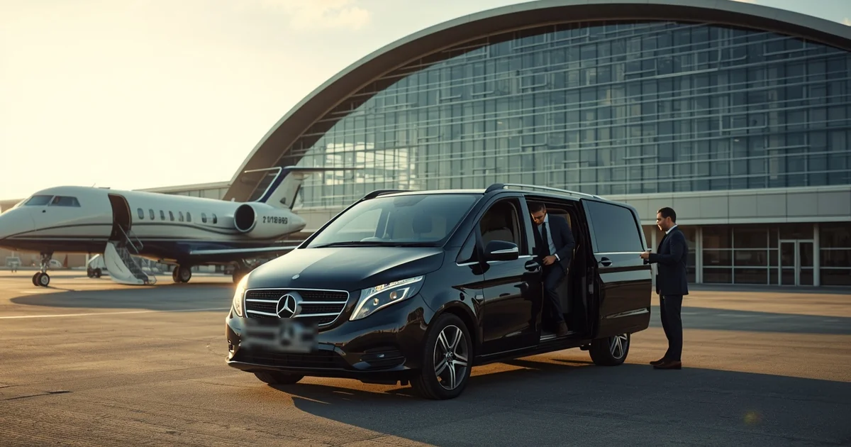 Professional Chauffeurz chauffeur welcoming business executive stepping out of luxury Mercedes V-Class at London Farnborough Airport with private jet and TAG Farnborough terminal architecture in background, private aviation airport transfer service
