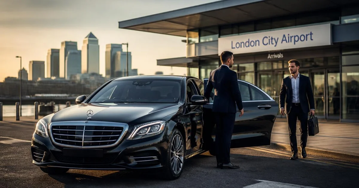 Professional Chauffeurz chauffeur meeting business executive at London City Airport LCY terminal for private London City airport transfer with luxury Mercedes-Benz S-Class, Docklands and Canary Wharf skyline in background