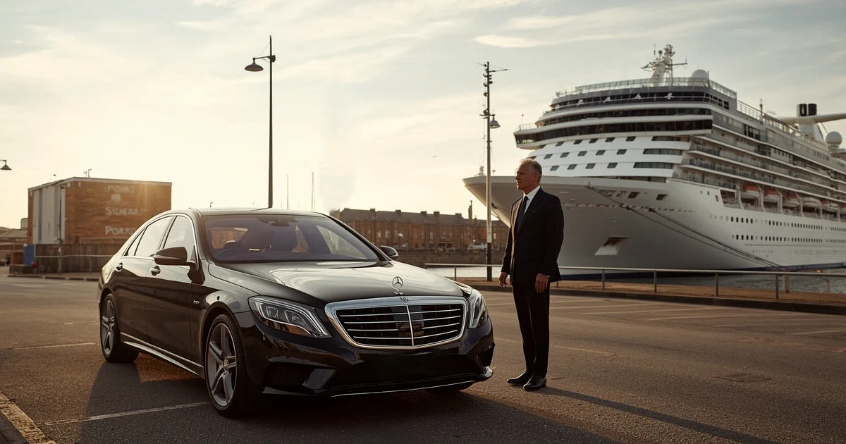 Professional Chauffeurz chauffeur beside luxury black Mercedes at Portsmouth International Port with historic HMS Victory and Spinnaker Tower in background, premium door-to-door London to Portsmouth cruise transfer service