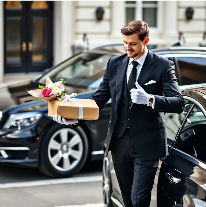 Chauffeurz London chauffeur delivering premium hand-carried gift and flowers from Mercedes S-Class
