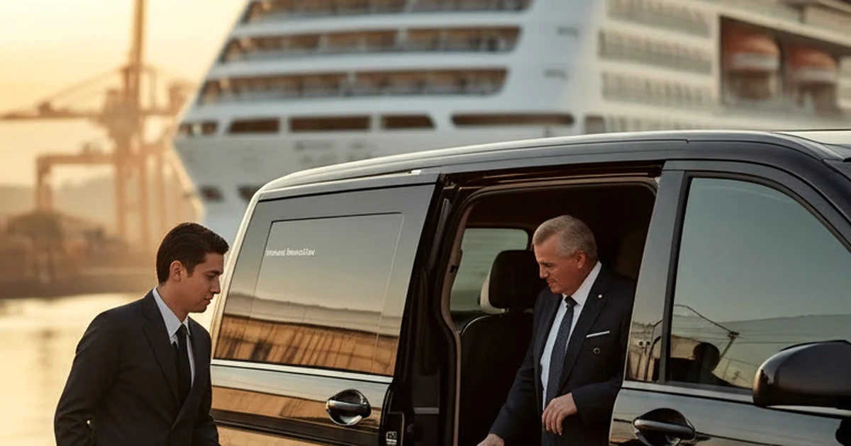 Two professional Chauffeurz chauffeurs in dark suits assisting cruise passengers with luggage beside luxury black Mercedes V-Class at Southampton Cruise Port, with large cruise ship docked in background at golden hour, premium door-to-door London to Southampton chauffeur service