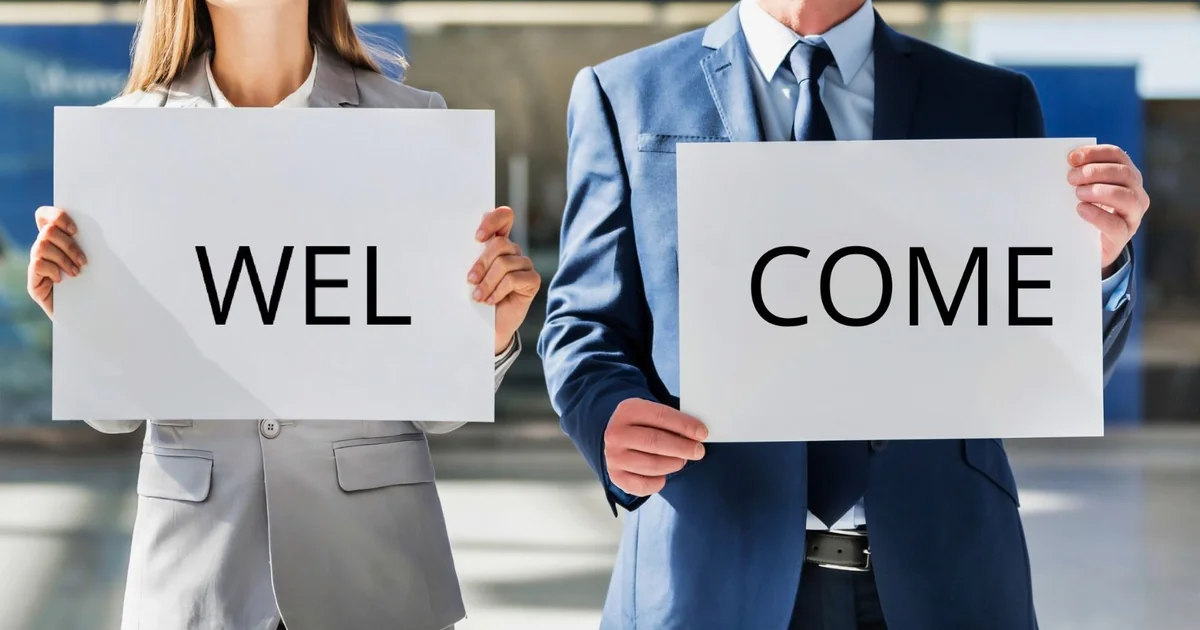 Two professional Chauffeurz chauffeurs, male and female, holding personalised WELCOME name boards at London Stansted Airport arrivals for private Stansted airport transfer Meet and Greet service