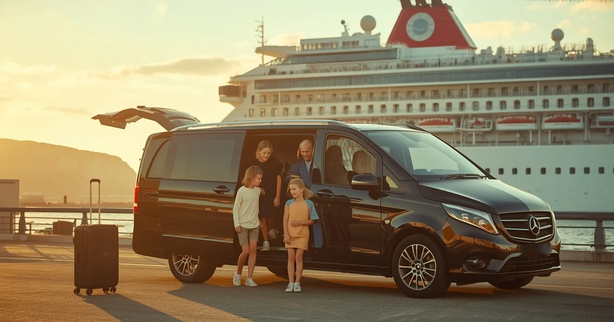 Professional Chauffeurz chauffeur beside luxury black Mercedes at Tilbury London Cruise Terminal on River Thames with Ambassador Cruise Line ship docked, closest cruise port to London one hour transfer service