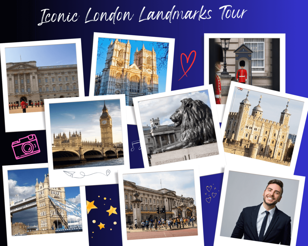 Collage of iconic London landmarks including Buckingham Palace, Westminster Abbey, Big Ben, Trafalgar Square, and the Tower of London.