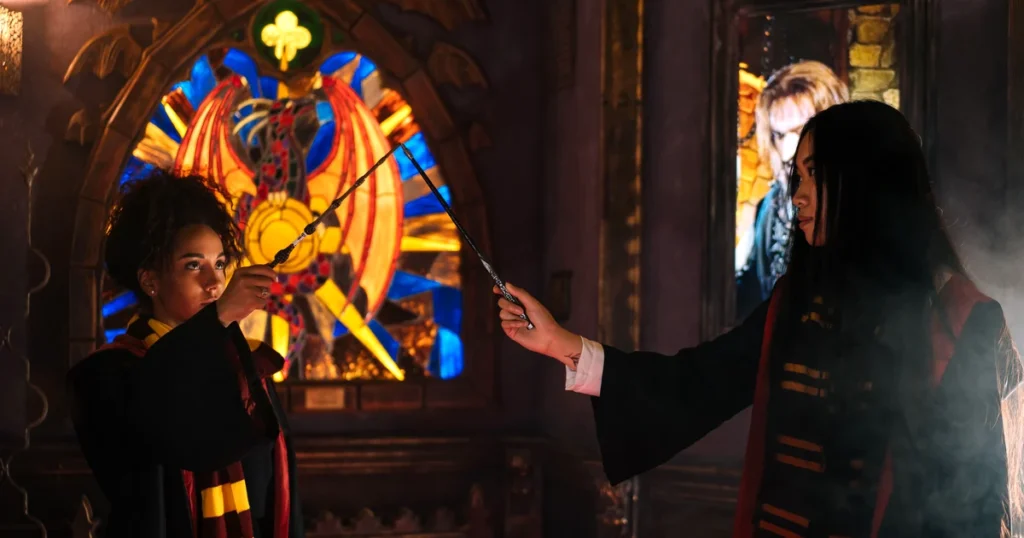 Two visitors in Hogwarts robes with wands at Warner Bros Studio Tour London — Harry Potter private chauffeur tour from London with Chauffeurz
