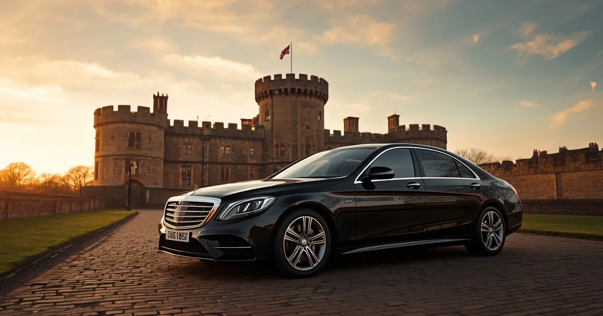 Mercedes S-Class chauffeur car at Windsor Castle at golden hour, private tour from London with Chauffeurz