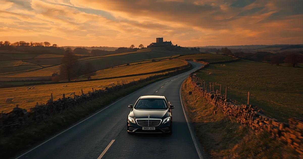 London to UK cities chauffeur service, Mercedes S-Class on a Cotswolds country road at golden hour